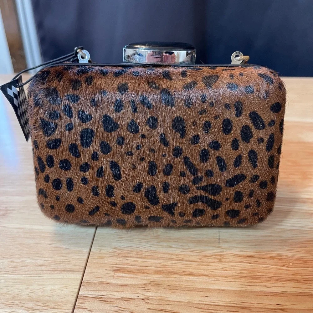 NEW Leopard Print‎ Calf Hair Box Clutch Chain Strap Brown Black Evening Bag